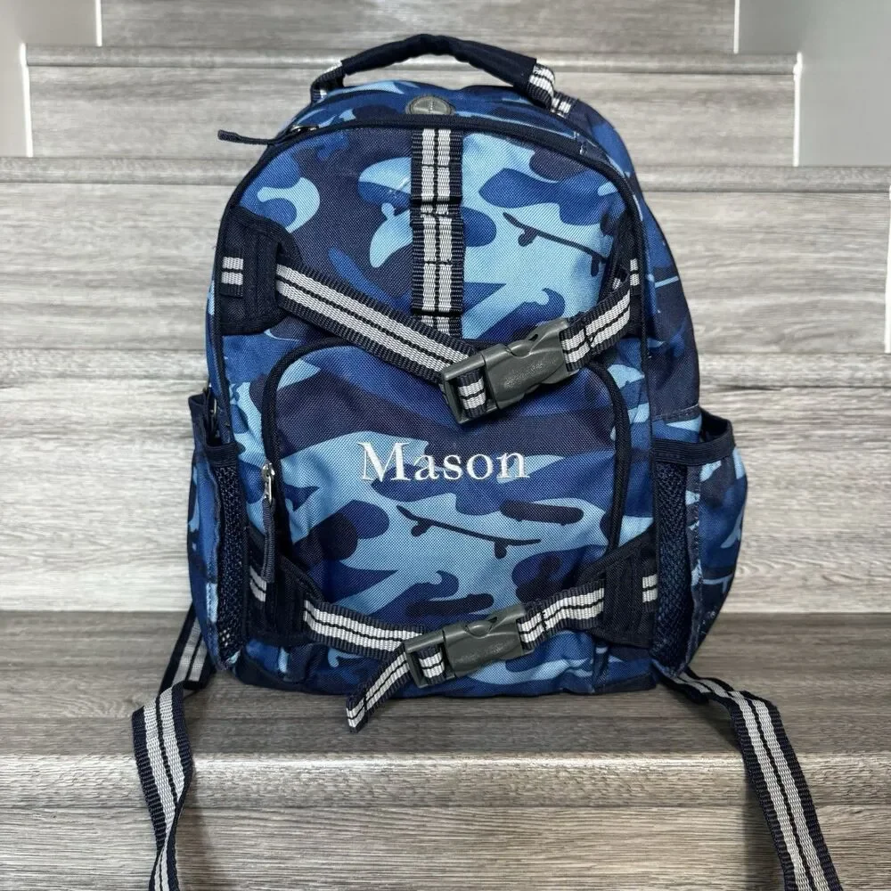 Pottery Barn Kids Mackenzie Navy Blue Skateboard Camo Backpack Small Embroidered